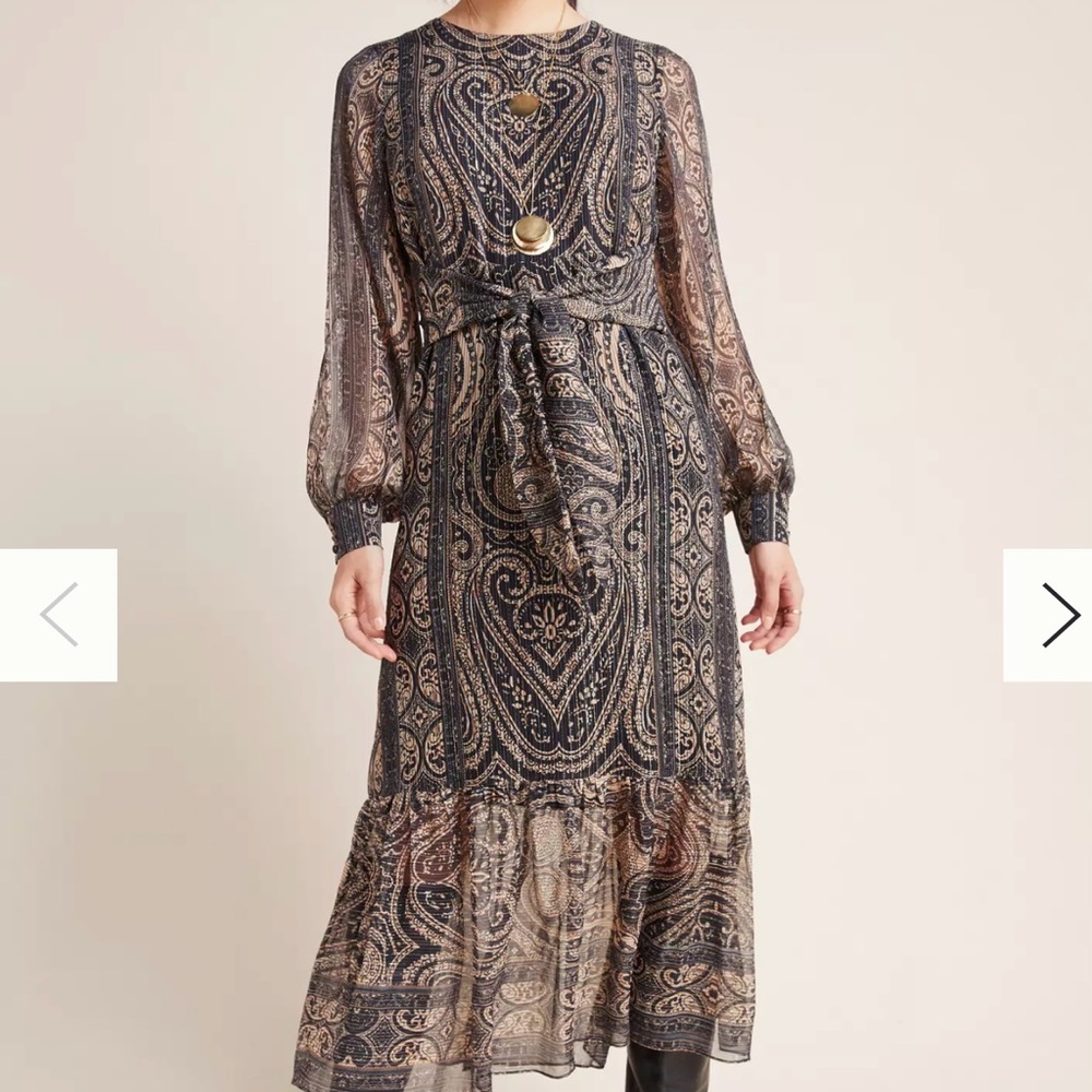 Anthropologie Black and Cream Paisley Long Sleeve Dress
